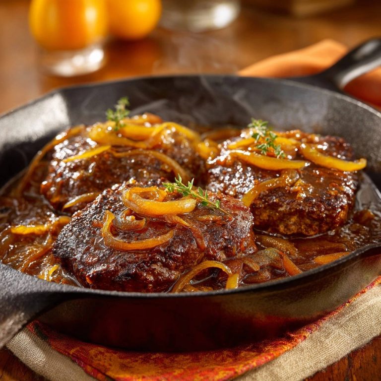 Saftige Hacksteaks in goldener Zwiebelsoße in einer gusseisernen Pfanne, dampfend und garniert mit frischem Thymian