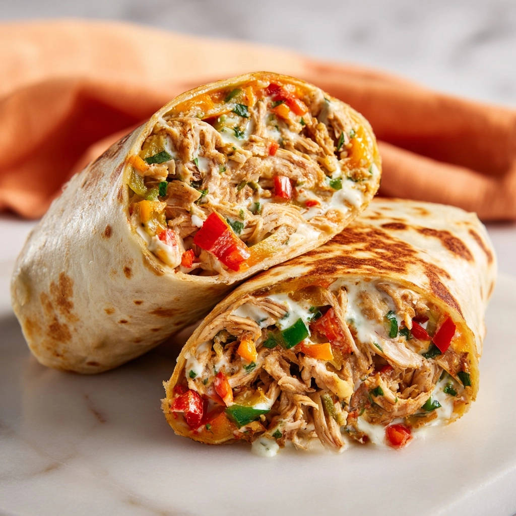 Saftiger Hähnchen-Gemüse-Wrap angeschnitten, der den vollen Querschnitt mit saftigem Hähnchen und buntem Gemüse zeigt.