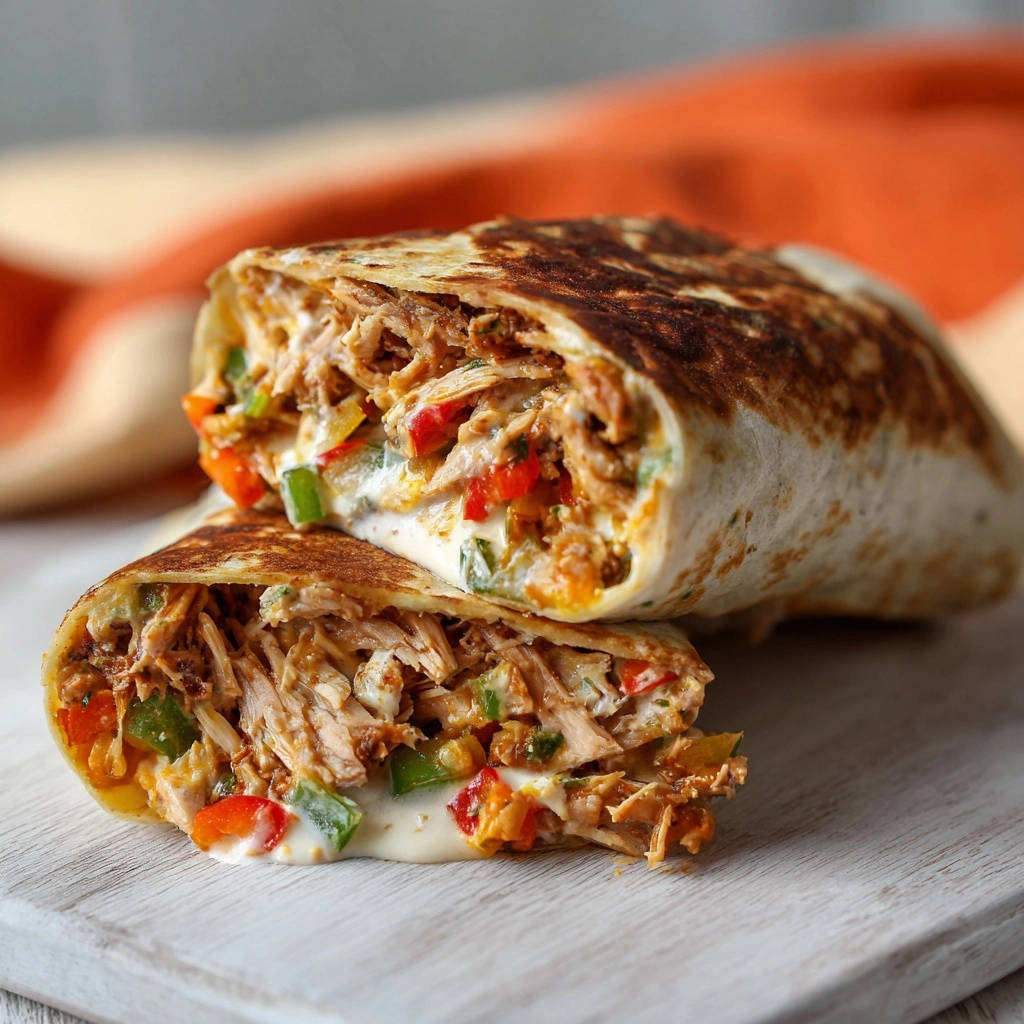 Saftiger Hähnchen-Gemüse-Wrap angeschnitten, der die Füllung aus Hähnchenfleisch und Paprika zeigt.