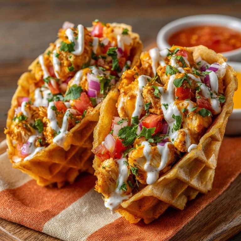 Saftige Hähnchen-Waffel-Tacos mit stabilen, doppelten Waffelschalen, garniert mit Tomaten, Zwiebeln und Koriander.