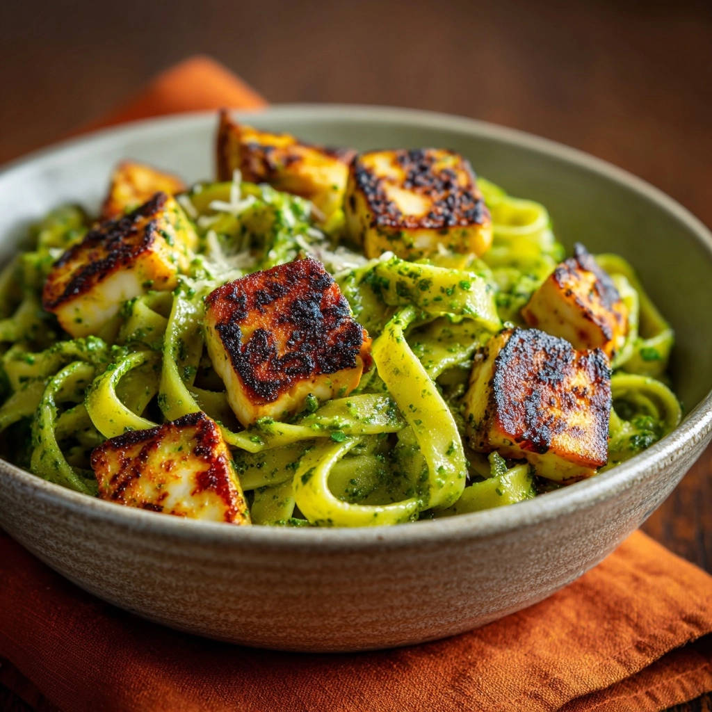 Halloumi-Pesto-Pasta mit knusprig gebratenen Halloumi-Würfeln auf grüner Pasta, Nahaufnahme der Textur.