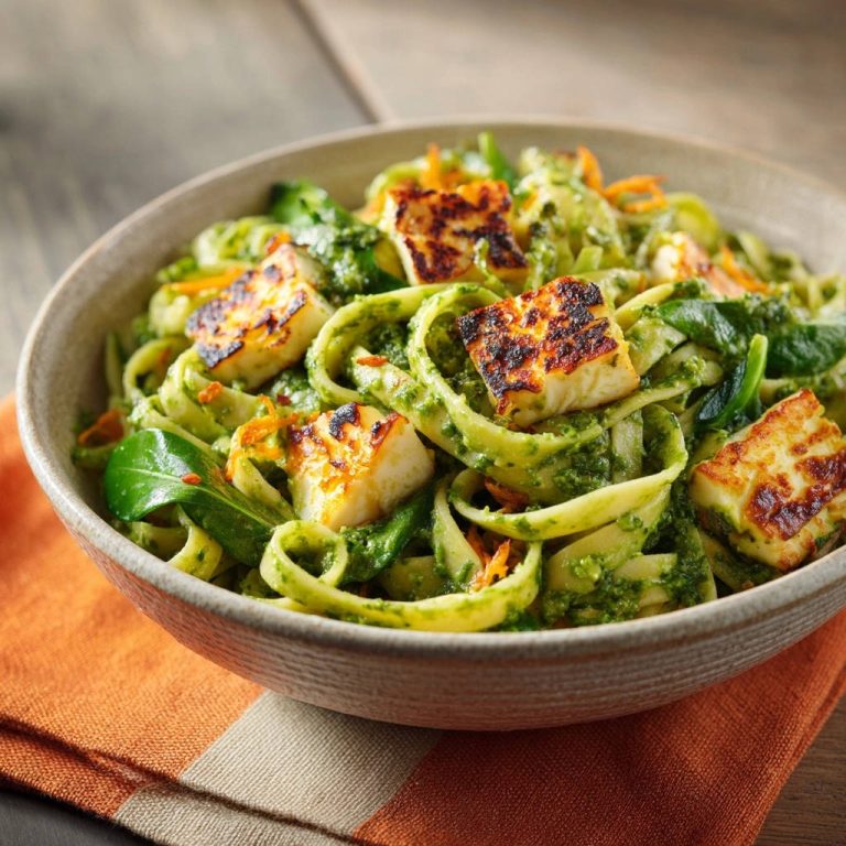 Halloumi-Pesto-Pasta mit gegrilltem Halloumi und grüner Sauce in einer Schüssel, Nahaufnahme