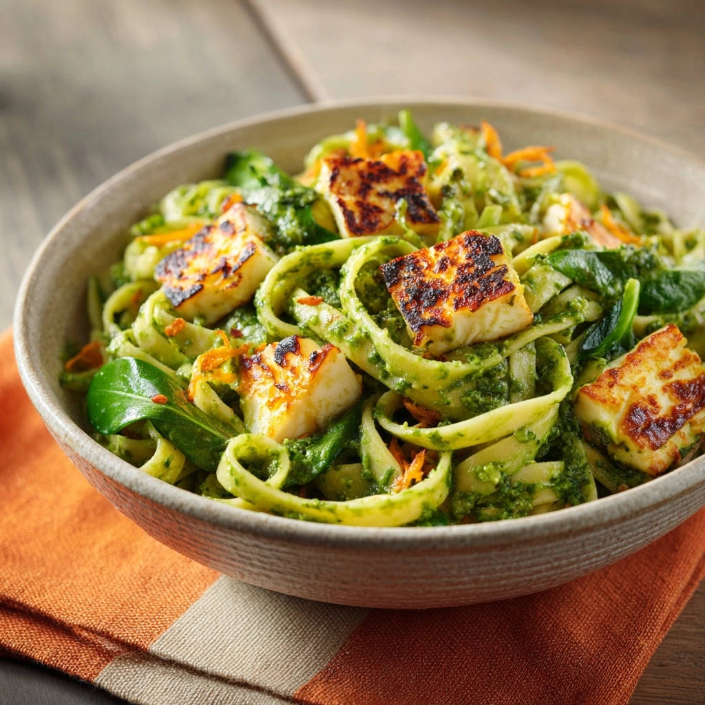 Halloumi-Pesto-Pasta mit gegrilltem Halloumi und grüner Sauce in einer Schüssel, Nahaufnahme