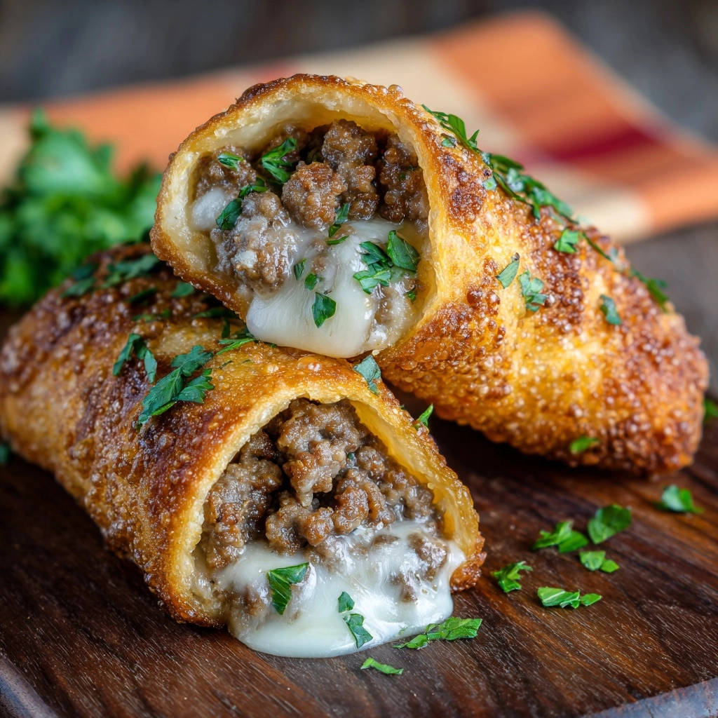 Herzhafte Hackfleisch-Käse-Rollen, von innen angeschnitten, zeigen zartes Hackfleisch und geschmolzenen Käse.