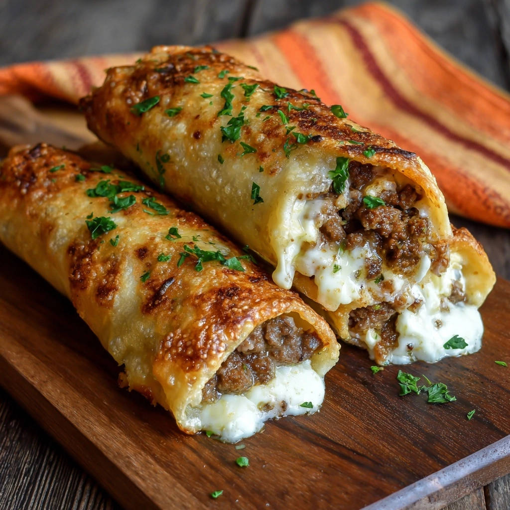Herzhafte Hackfleisch-Käse-Rollen im Querschnitt zeigen den goldbraunen Teig und die geschmolzene Käsefüllung.