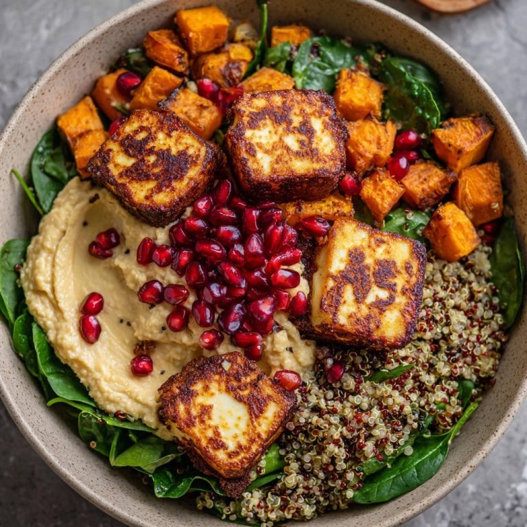 Herzhafte Halloumi-Bowl mit Süßkartoffel und Quinoa, im Nahaufnahme-Schrägansicht von oben präsentiert.