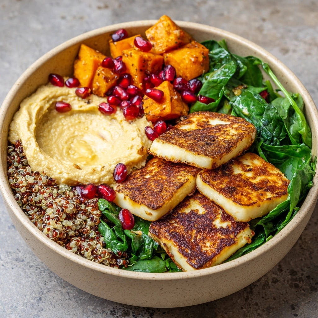 Herzhafte Halloumi-Bowl mit Süßkartoffel und Quinoa, Nahaufnahme der golden gebratenen Halloumi-Stücke auf frischem Spinat.