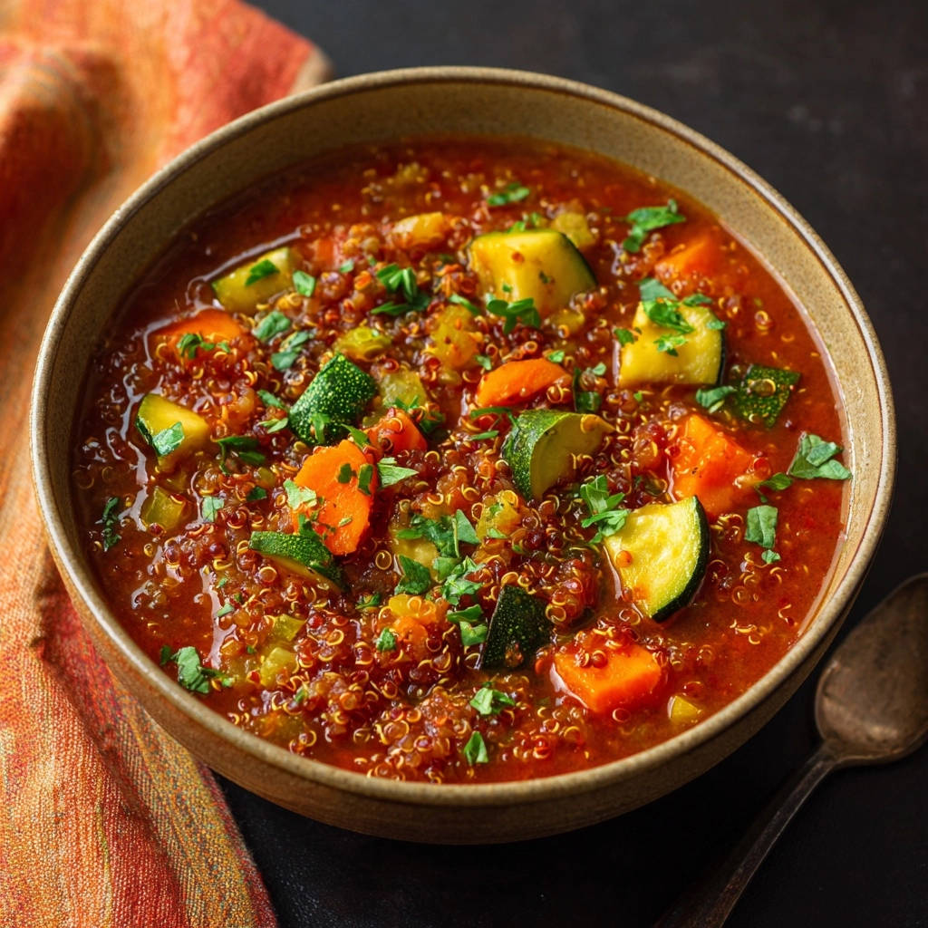 Herzhafter Quinoa-Gemüse-Eintopf als Nahaufnahme in einer Schüssel mit Zucchini und Karottenstücken.