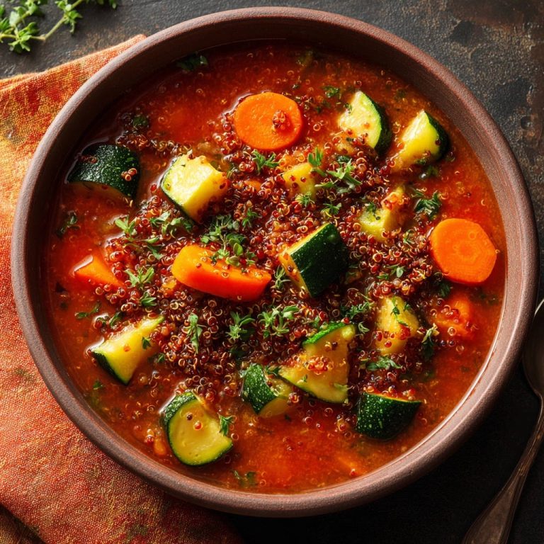 Herzhafter Quinoa-Gemüse-Eintopf nahaufnahme mit Karotten, Zucchini und Kräutern in einer Schüssel serviert.