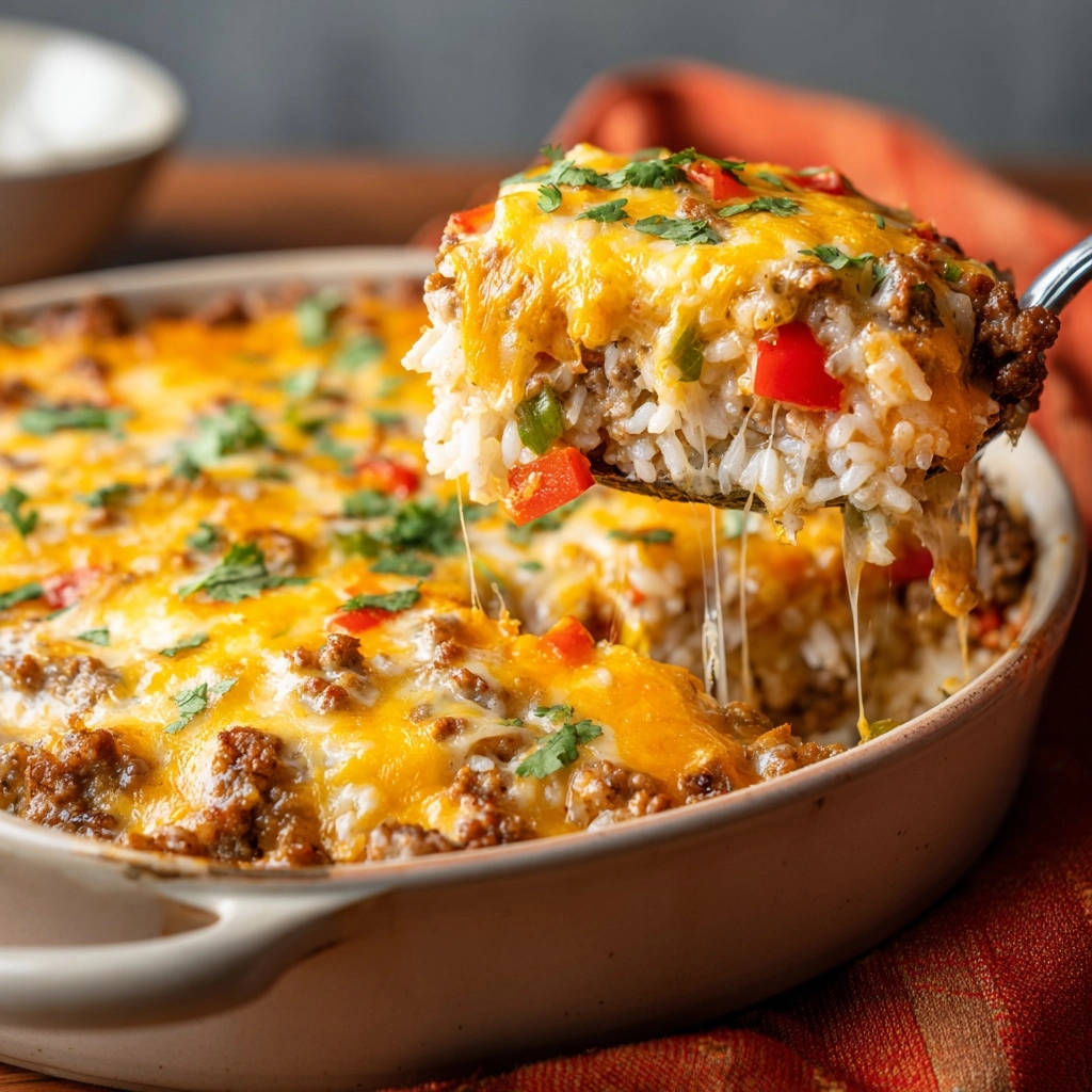 Herzhafter Tex-Mex Reis-Auflauf angeschnitten auf einem Löffel, mit geschmolzenem Käse und gehackter Petersilie garniert.