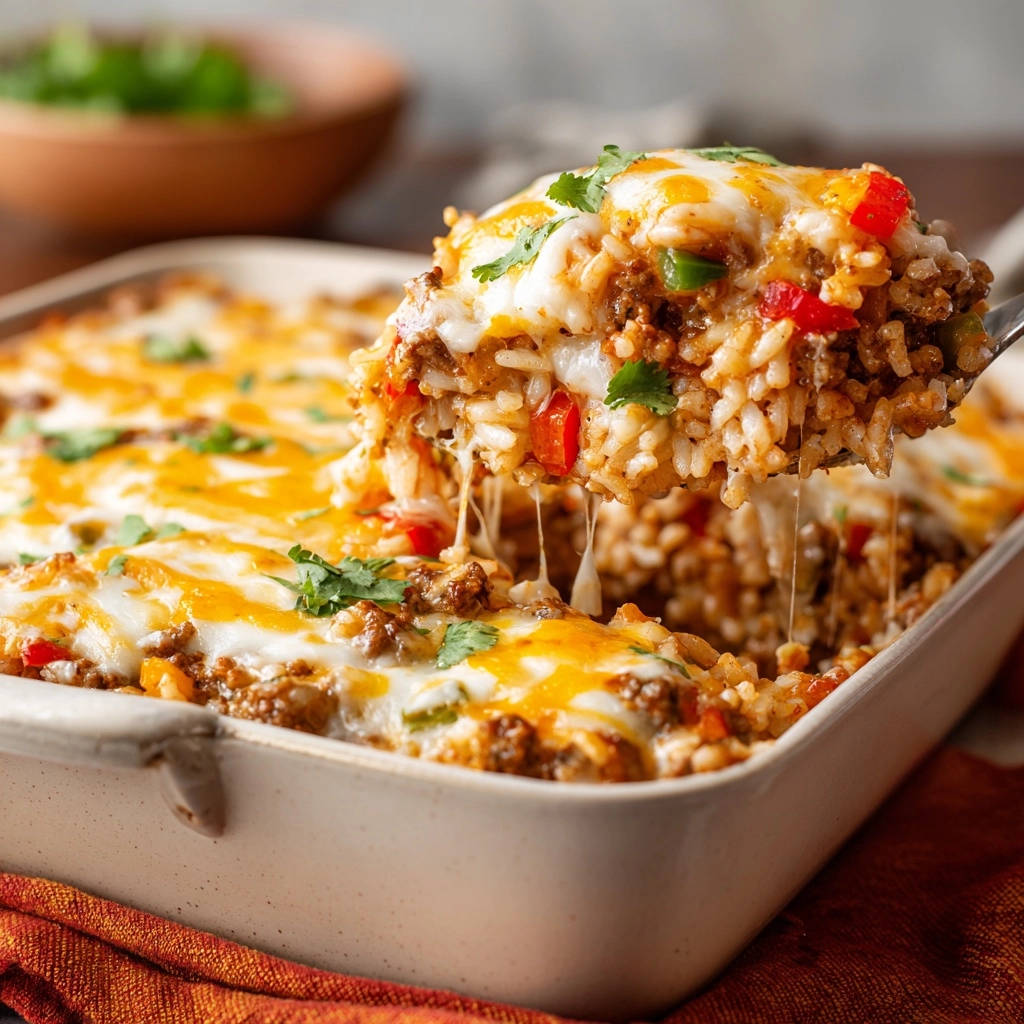 Herzhafter Tex-Mex Reis-Auflauf wird mit geschmolzenem Käse und Koriander von einer Schaufel serviert.