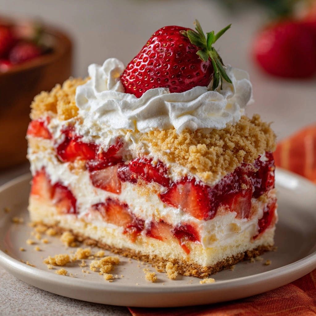 Himmlischer Erdbeer-Schichtkuchen angeschnitten auf einem Teller, mit Sahne und Erdbeeren garniert.