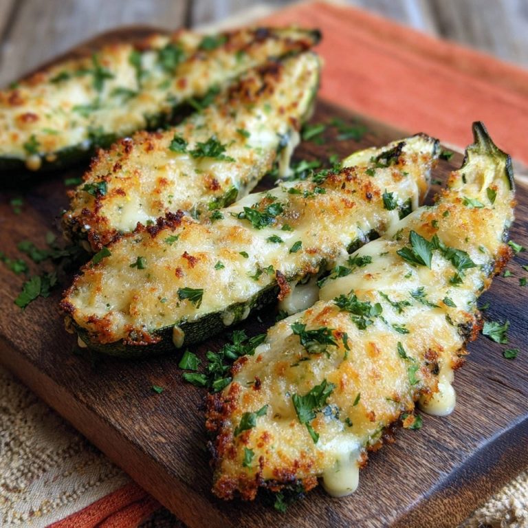 Knusprige Käse-Zucchini Boote mit frischer Petersilie garniert, detailreiche Nahaufnahme der geschmolzenen Käsekruste.