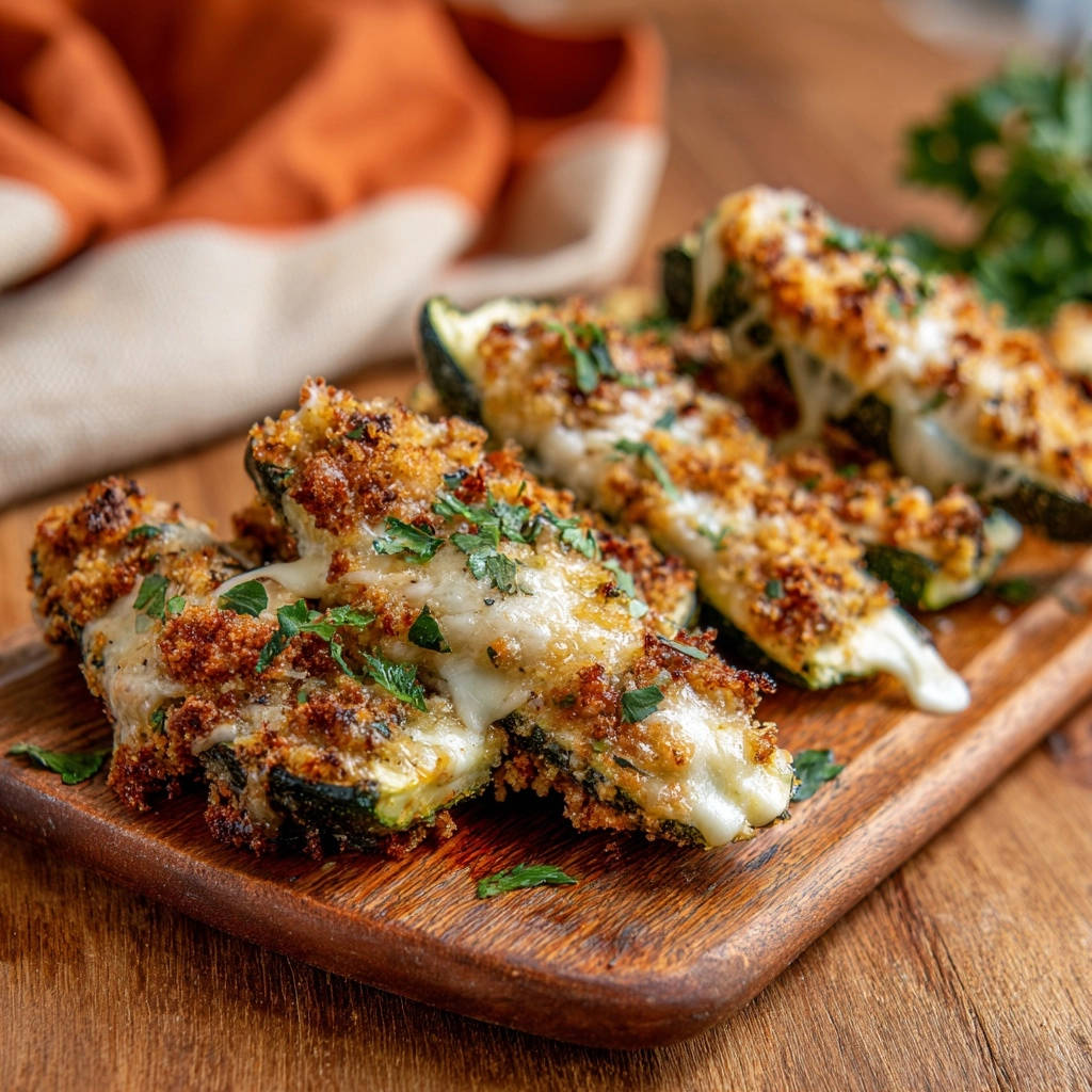 Knusprige Käse-Zucchini Boote mit frischer Petersilie garniert, Nahaufnahme der Käse- und Krusten-Textur.