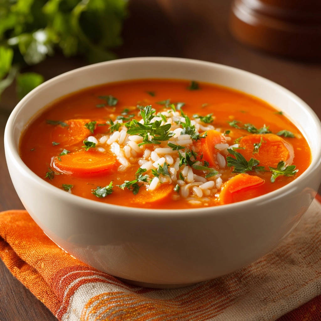 Karotten-Tomaten-Reis-Suppe mit frischer Petersilie und Reis garniert in einer Schüssel serviert