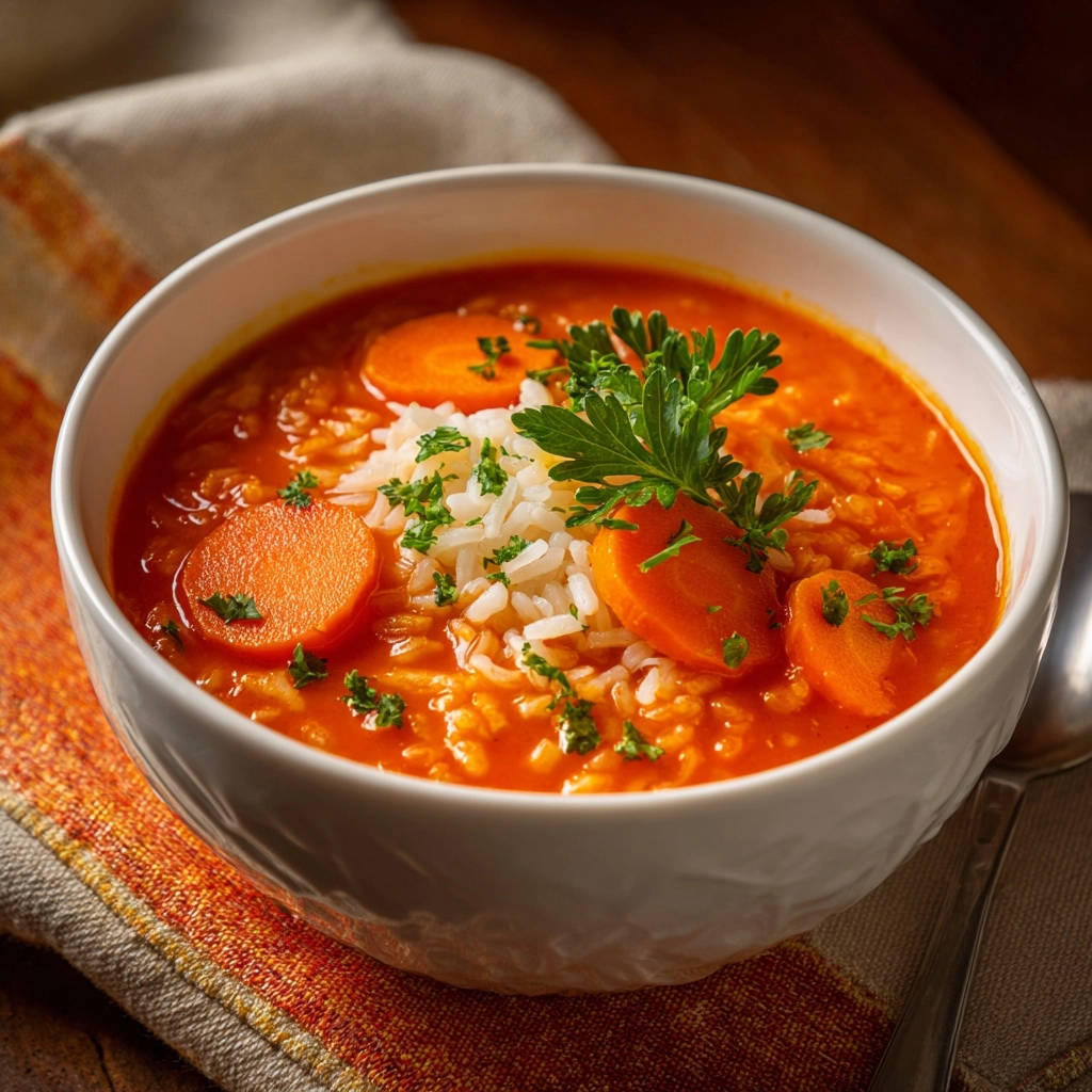 Karotten-Tomaten-Reis-Suppe als Nahaufnahme mit Reis, Karottenscheiben und Petersilie garniert, in einer weißen Schüssel serviert.