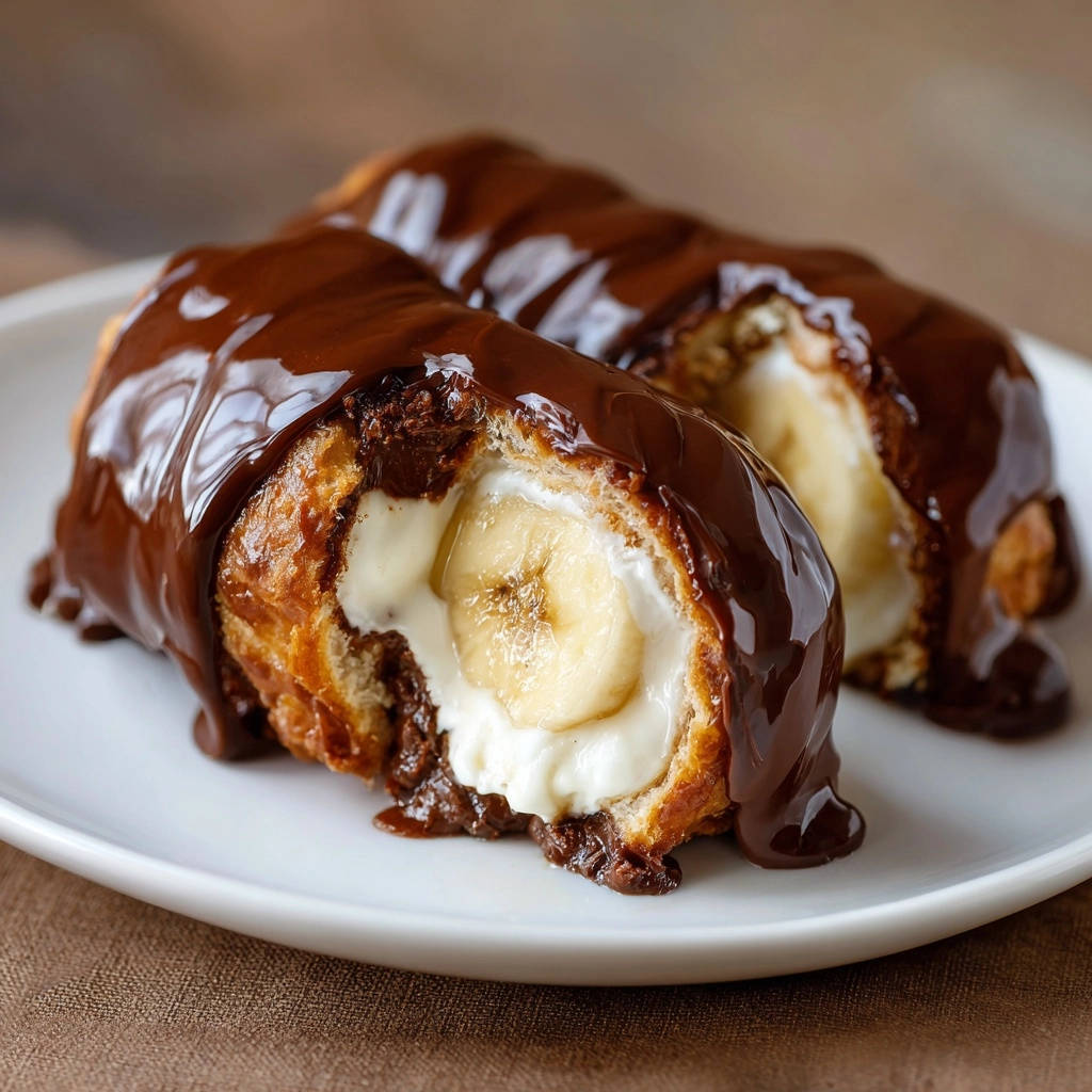 Klassische Windbeutel mit Vanillecreme und Schokoglasur, angeschnitten und das cremige Innere mit Banane enthüllend