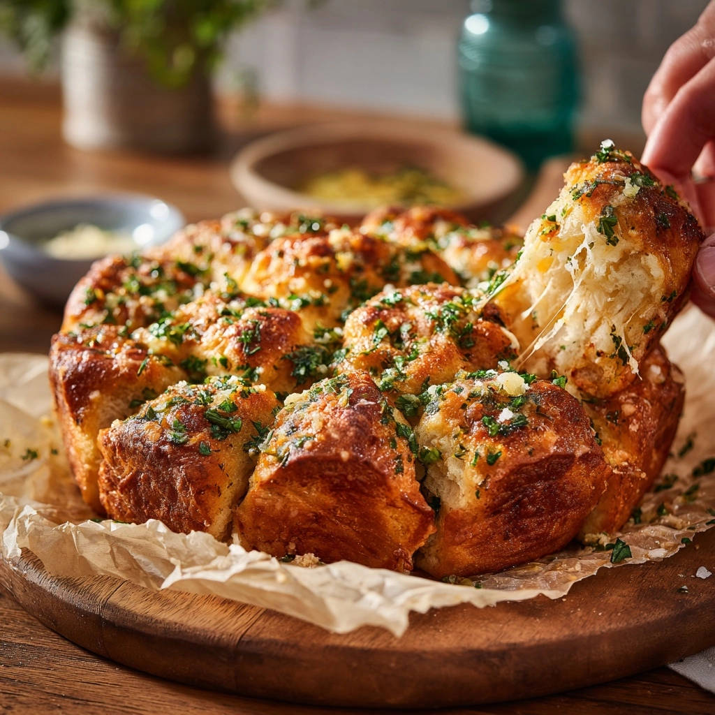 Knoblauch-Käse-Zupfbrot, eine Person zieht ein Stück heraus, das den geschmolzenen Käse zeigt.