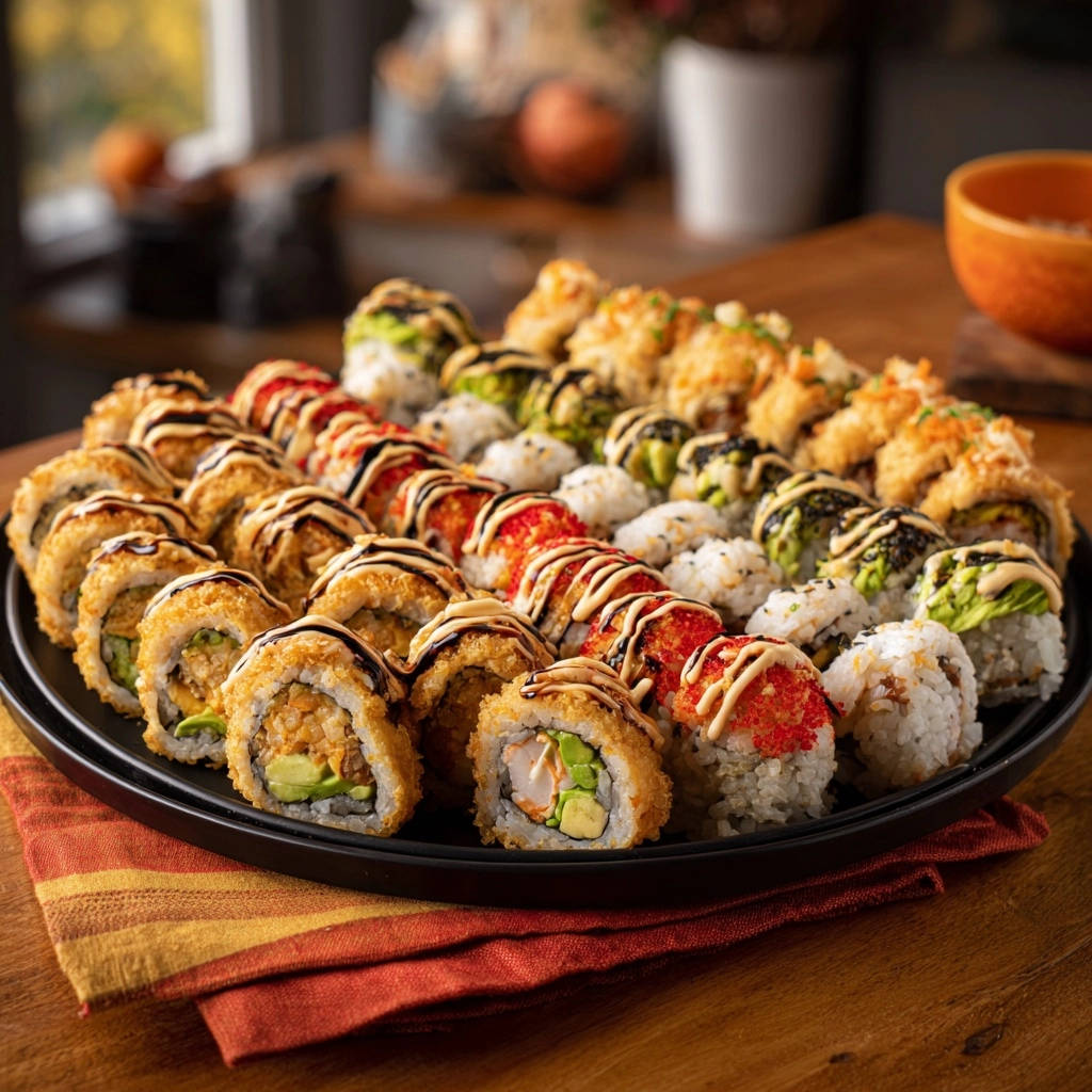Knusprige Fried Sushi Rollen, serviert auf einem schwarzen Teller mit einer Nahaufnahme der verschiedenen Rollen von oben.
