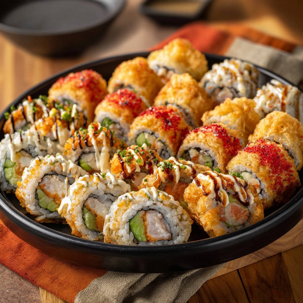 Knusprige Fried Sushi Rollen auf einer schwarzen Platte, Nahaufnahme der verschiedenen Sorten und Texturen.