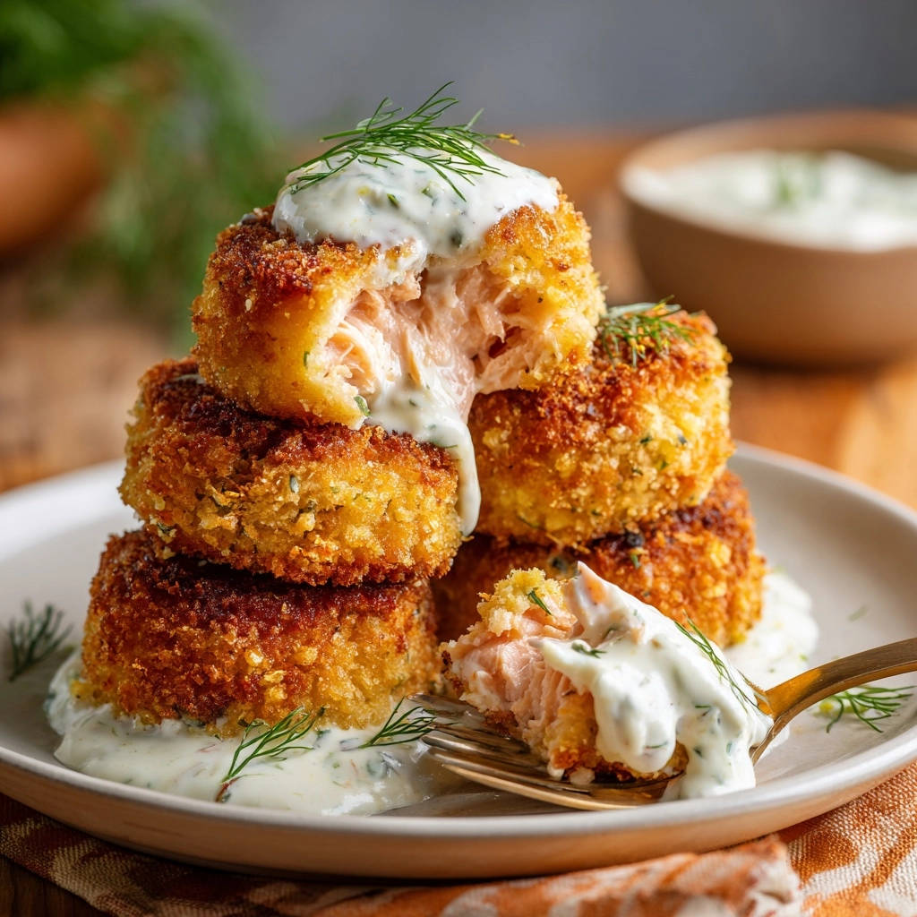 Knusprige Lachs-Frikadellen mit Dill-Zitronen-Creme, angeschnitten um das saftige Innere und die goldbraune Kruste zu zeigen.