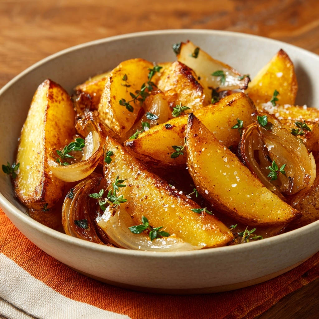 Knusprige Ofenkartoffelspalten mit karamellisierten Zwiebeln, im Detail nahaufnahme in einer Schale mit frischen Kräutern garniert.
