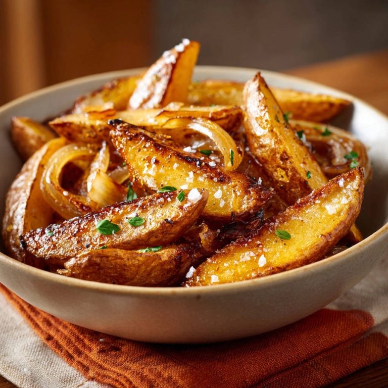 Knusprige Ofenkartoffelspalten mit karamellisierten Zwiebeln als Nahaufnahme mit grobem Salz und Petersilie garniert.