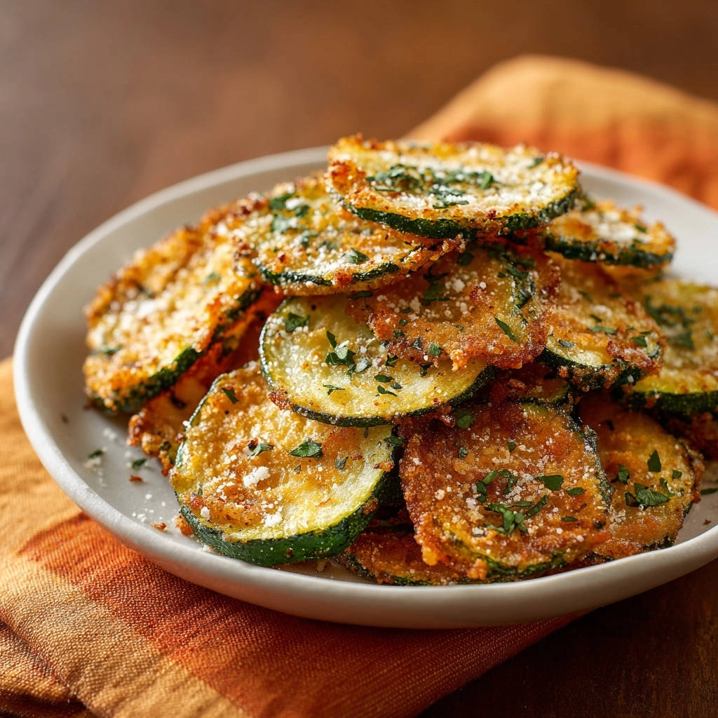 Knusprige Zucchinitaler, detailnah mit frischer Petersilie und geriebenem Parmesan garniert, auf einem Teller serviert.