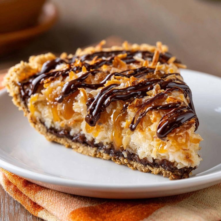 Dekadente Kokos-Karamell-Schoko-Tarte als Anschnitt mit Schokoladenglasur und gerösteter Kokosnuss auf einem weißen Teller.