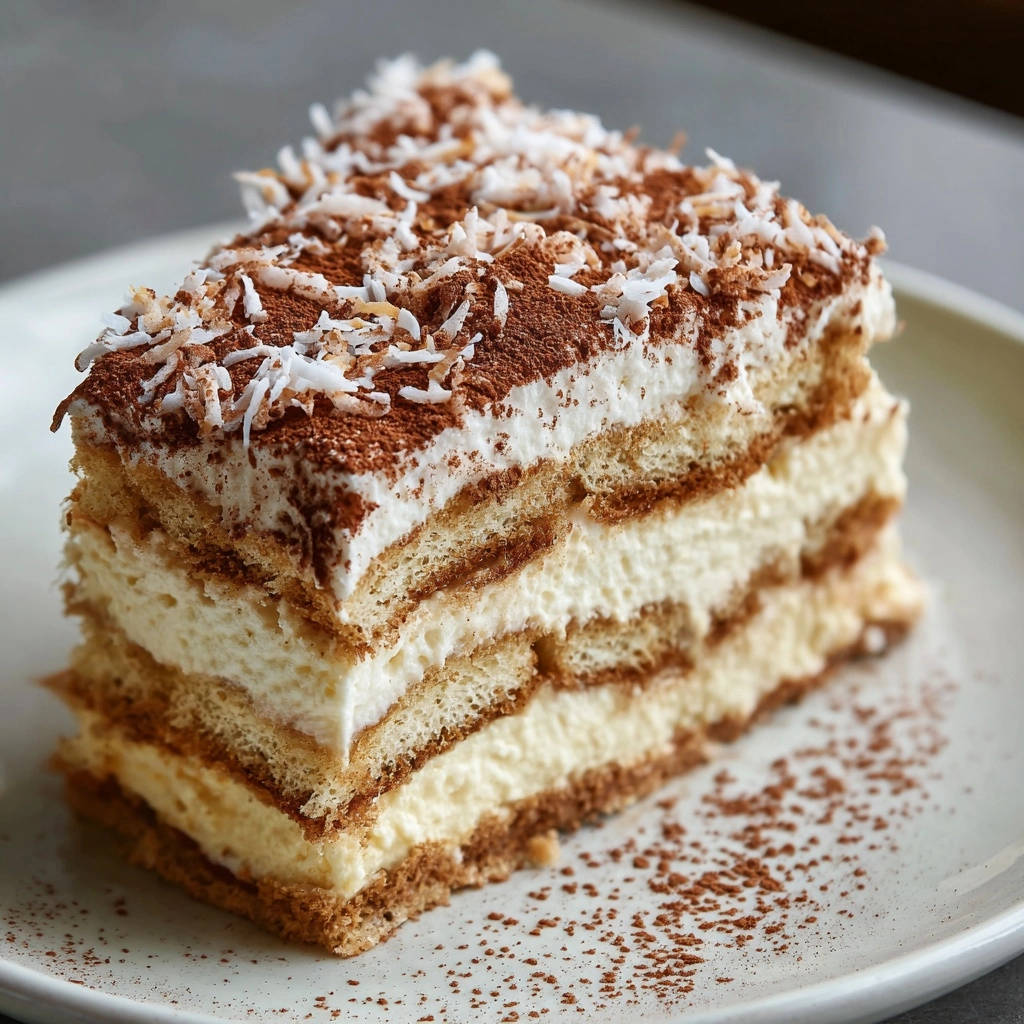 Kokos-Schoko-Creme-Schnitten im Detail als angeschnittener Querschnitt mit Kokosraspeln und Kakaopulver bestäubt.