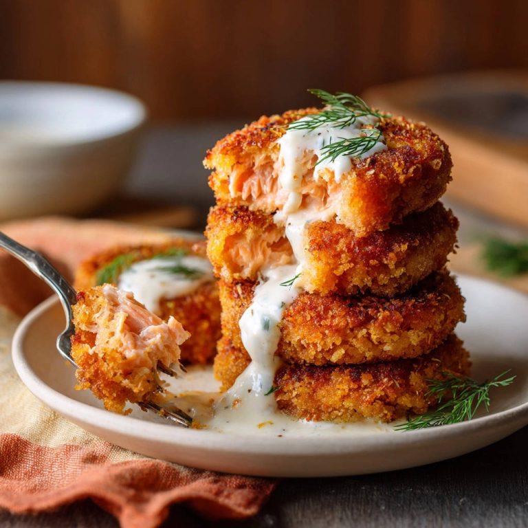 Knusprige Lachs-Frikadellen mit Dill-Zitronen-Creme, eine Frikadelle auf einer Gabel angeschnitten, zeigt das saftige Innere.