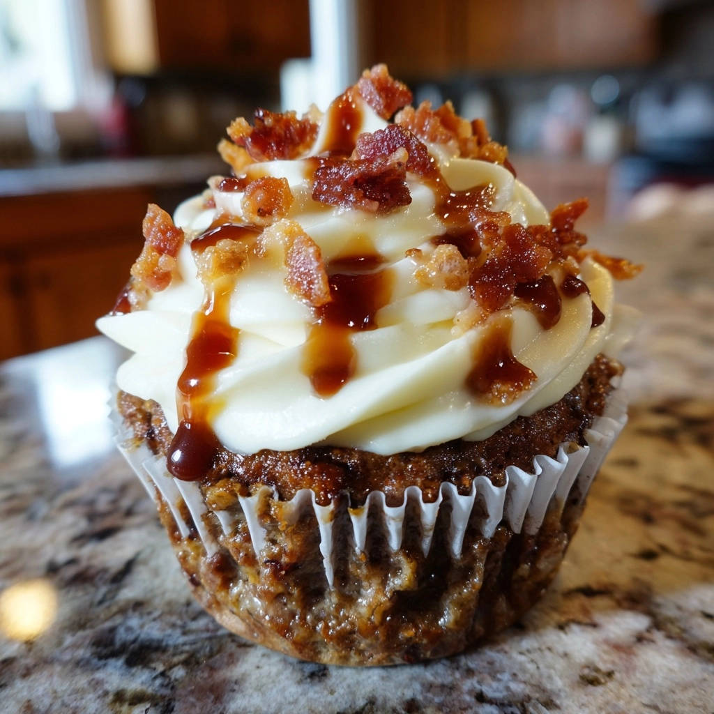 Maple Bacon Cupcakes mit Cream Cheese Frosting, garniert mit Speck und Karamellsauce, Nahaufnahme der süßen und herzhaften Topping-Details.