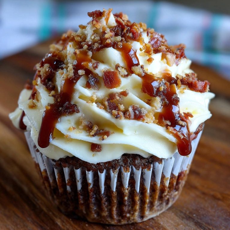 Maple Bacon Cupcakes mit Cream Cheese Frosting, nahaufnahme des Toppings aus Speck und Karamell