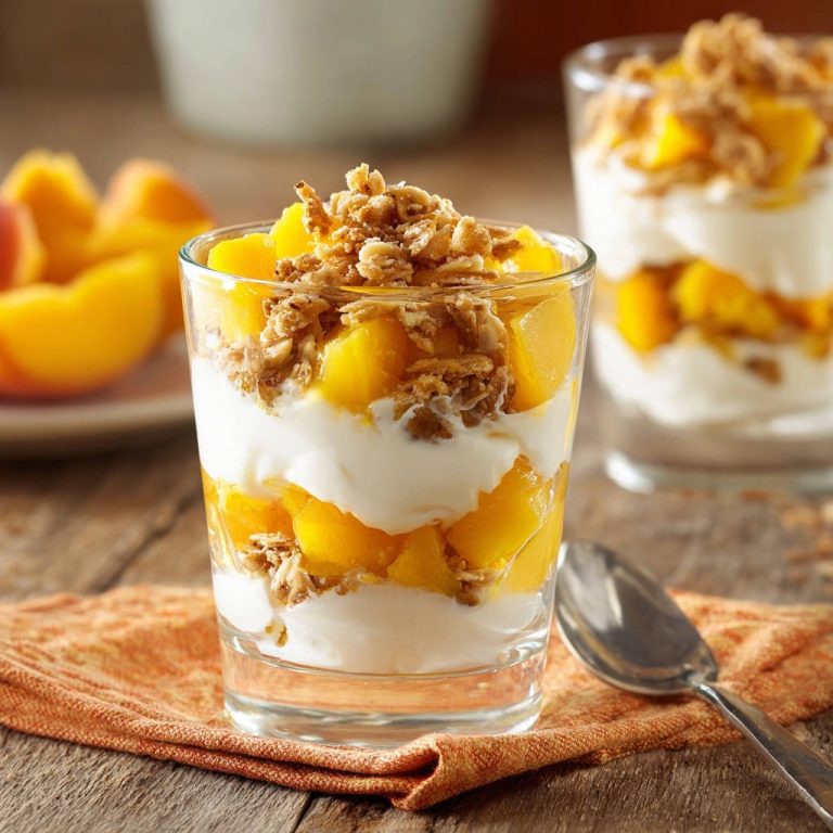 Pfirsich-Joghurt-Parfait in einem Glas mit Schichten von Joghurt, Pfirsichstücken und Granola, Nahaufnahme