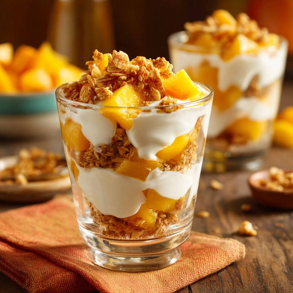 Pfirsich-Joghurt-Parfait nahaufnahme zeigt die Schichten von Joghurt, Pfirsichstücken und knusprigem Müsli in einem Glas.