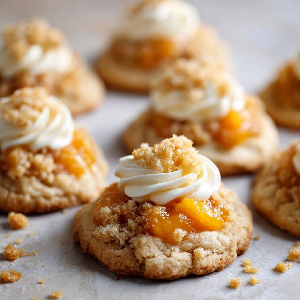 Saftige Pfirsich-Streusel-Kekse mit Frischkäse-Häubchen im Detail, mit Fokus auf die cremige Textur und fruchtige Füllung.