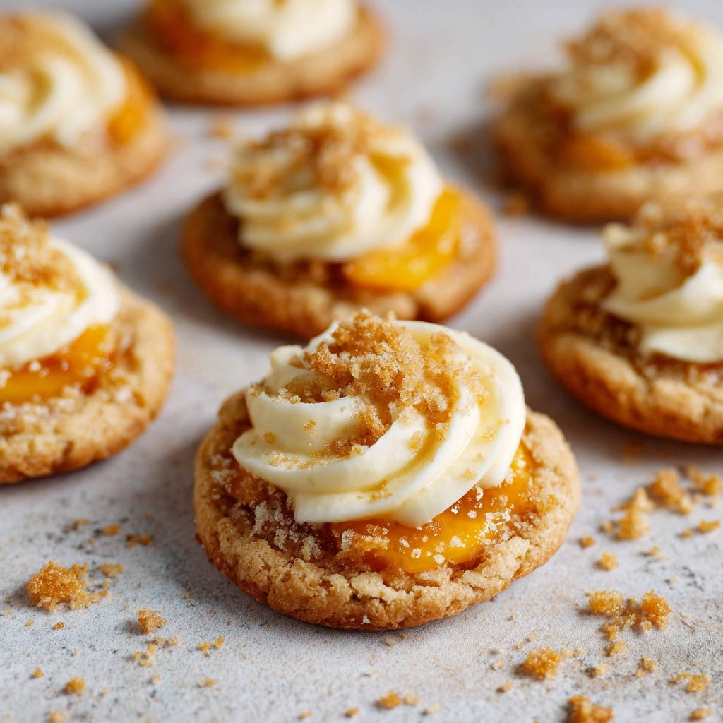 Saftige Pfirsich-Streusel-Kekse mit Frischkäse-Häubchen, nahaufnahme der garnierten Oberfläche mit Streuseln