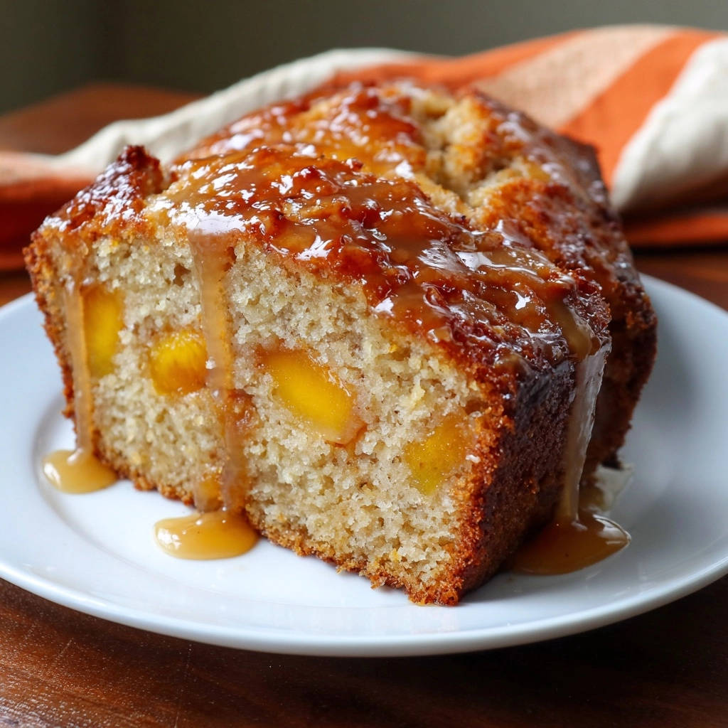 Saftiger Pfirsichkuchen aus der Kastenform angeschnitten mit glänzender Karamellsoße und sichtbaren Fruchtstücken.