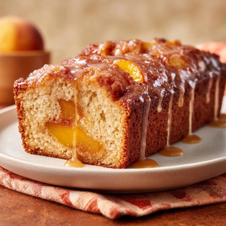 Saftiger Pfirsichkuchen aus der Kastenform angeschnitten mit leckerer Glasur und Pfirsichstücken innen