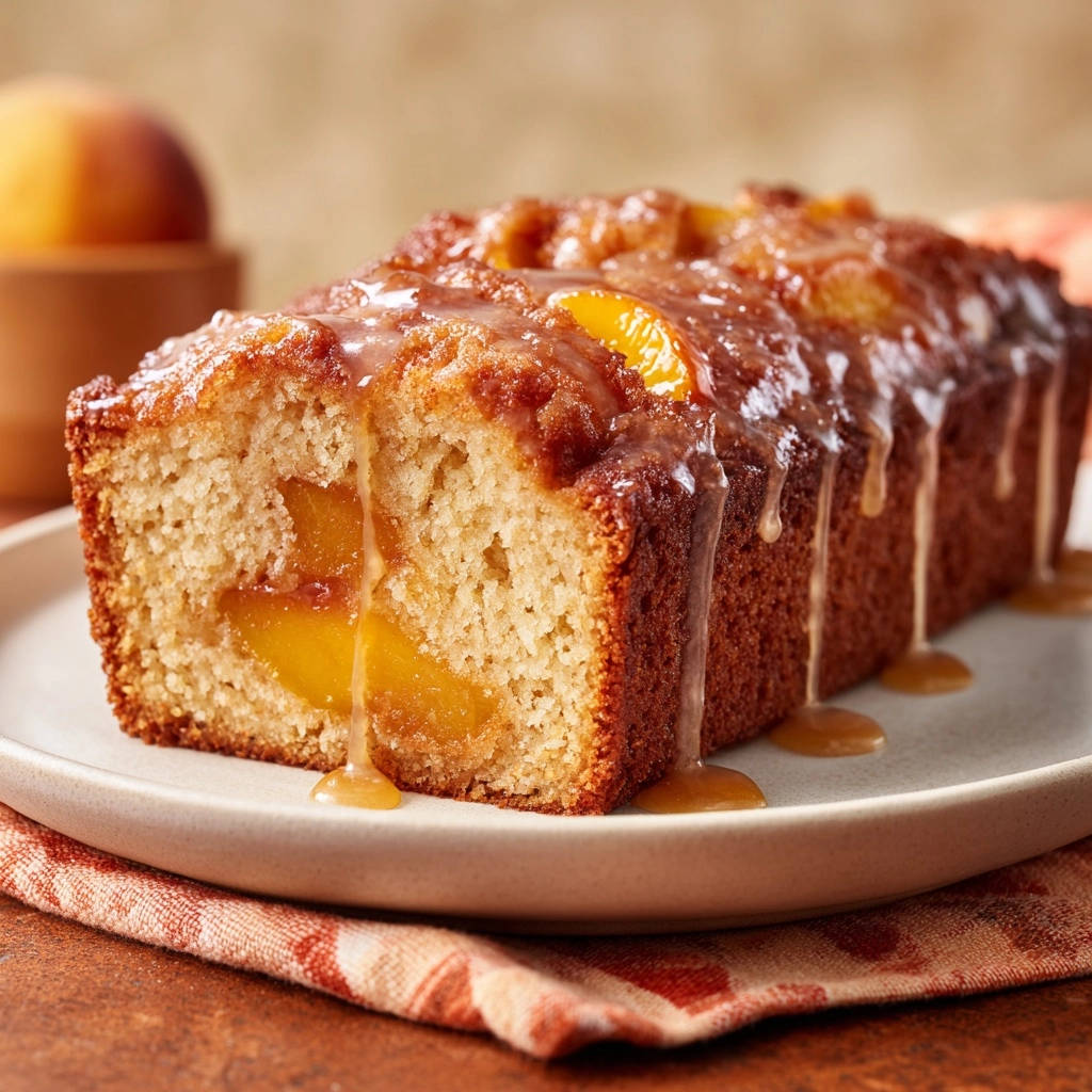 Saftiger Pfirsichkuchen aus der Kastenform angeschnitten mit leckerer Glasur und Pfirsichstücken innen