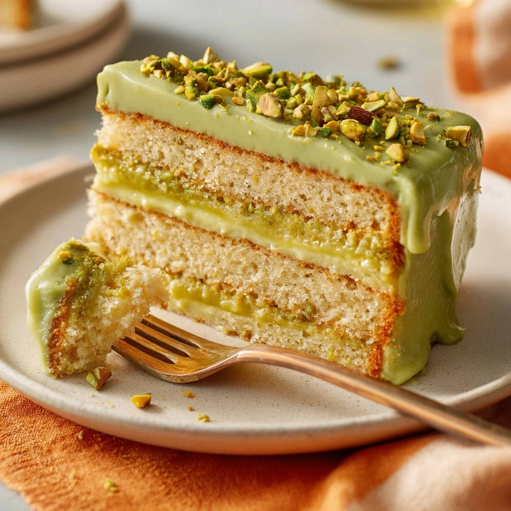 Saftiger Pistazien-Schichtkuchen als angeschnittene Portion auf einem Teller mit einer Gabel, die ein Stück heraushebt.