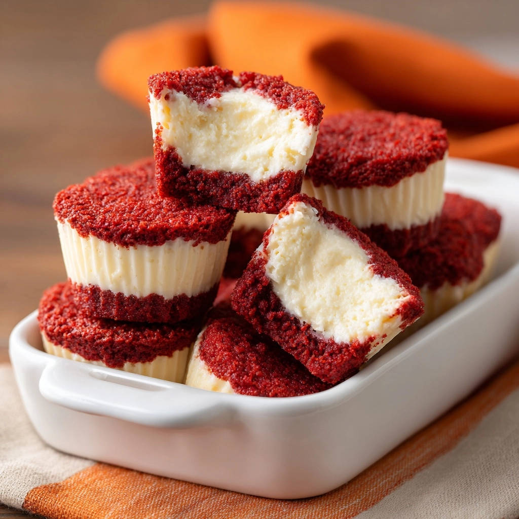 Himmlische Red Velvet Cheesecake Bites angeschnitten mit cremigem Inneren in einer weißen Auflaufform
