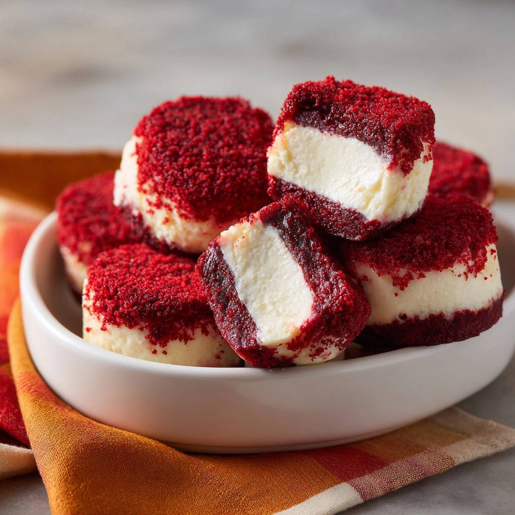 Himmlische Red Velvet Cheesecake Bites angeschnitten, die saftige cremige Füllung offenbarend.