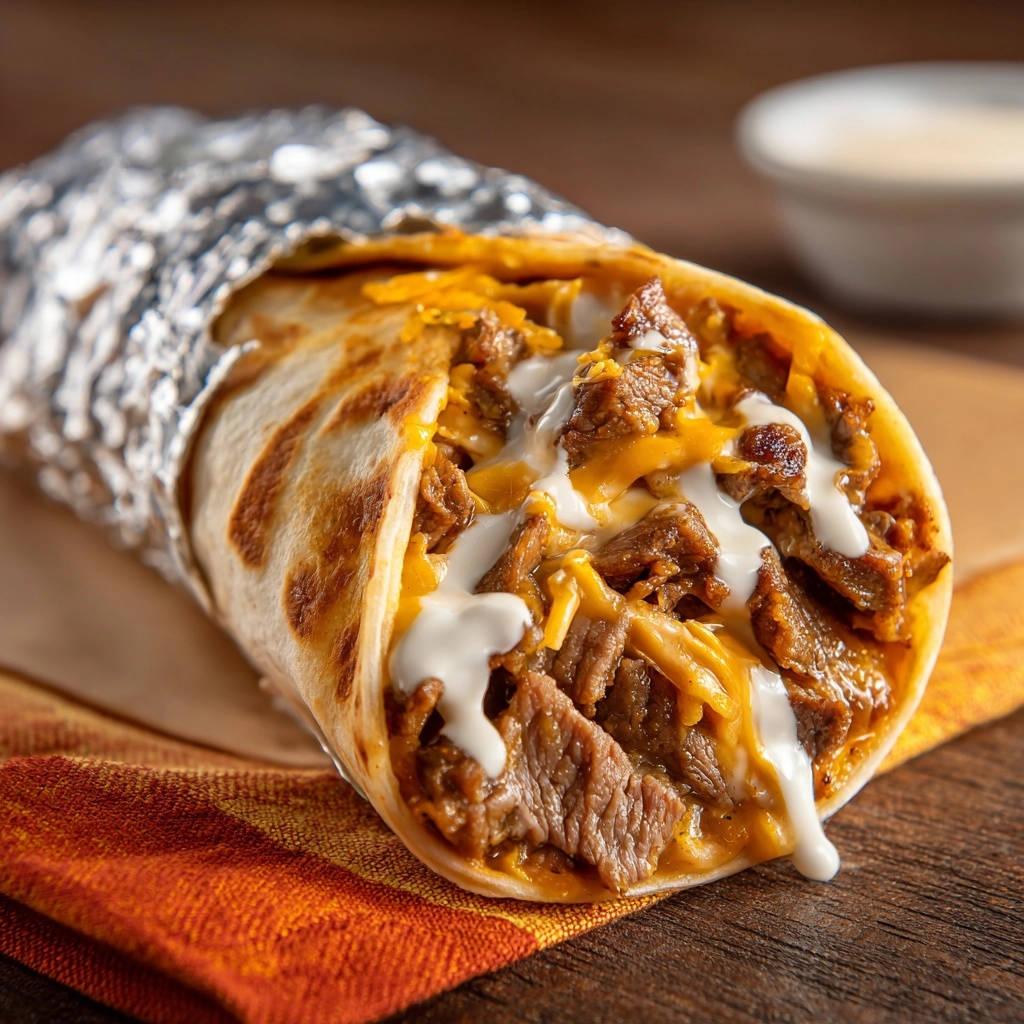 Saftiger Rindfleisch Burrito mit geschmolzenem Käse und cremiger Sauce, nahaufnahme des saftigen Inneren.
