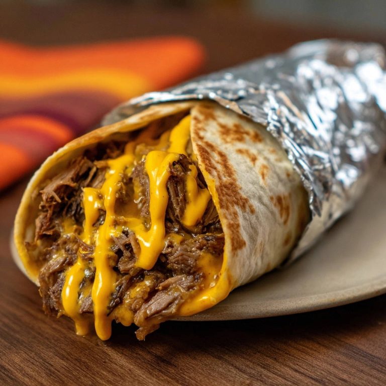 Saftiger Rindfleisch Burrito mit geschmolzenem Käse, detailreiche Nahaufnahme der Füllung