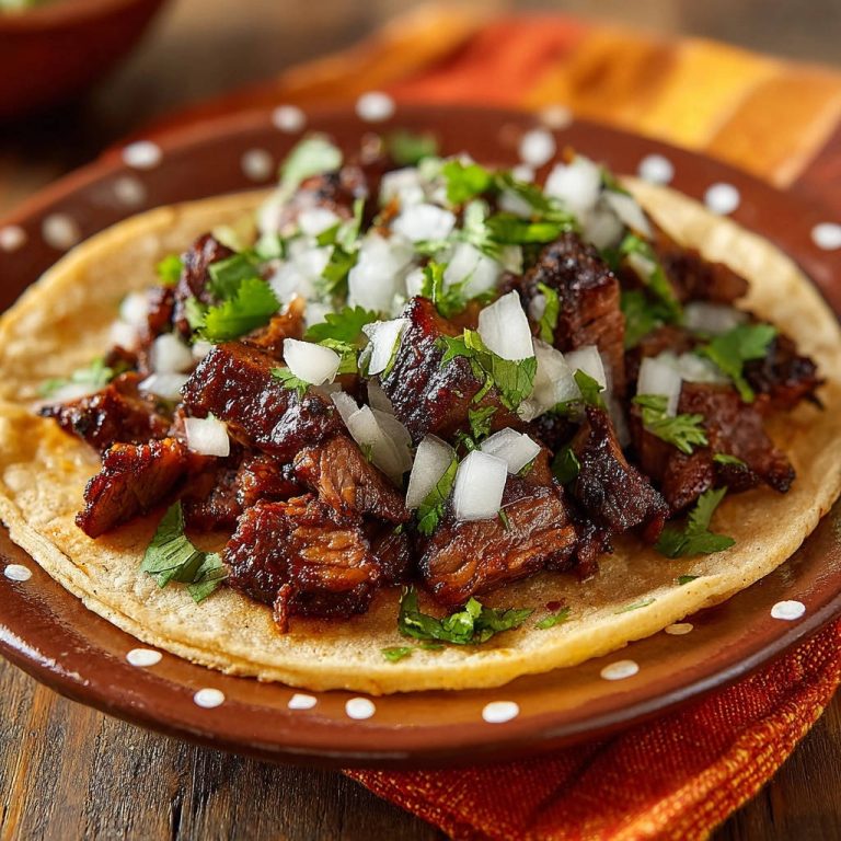 Zarte Rindfleisch-Tacos, garniert mit frischen gehackten Zwiebeln und Koriander auf einer Tortilla, serviert auf einem braunen Teller.