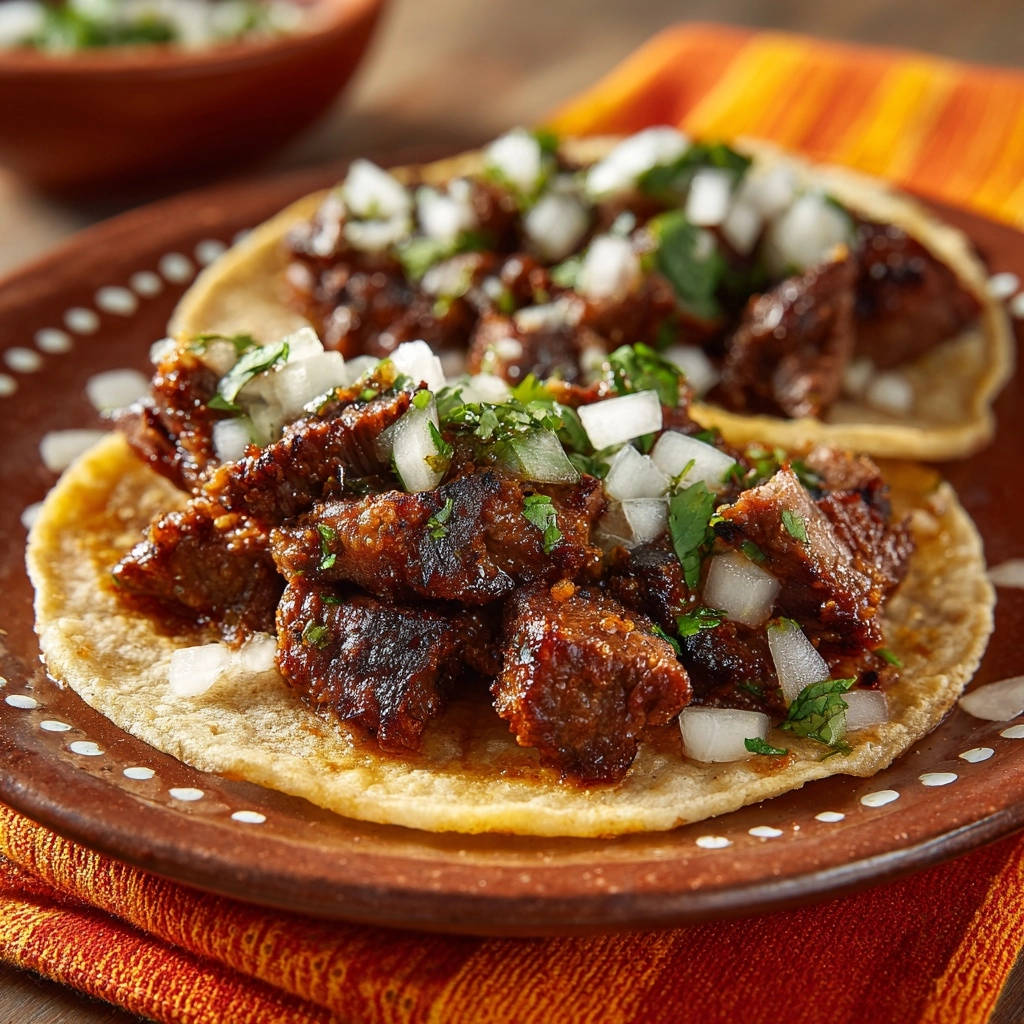Zarte Rindfleisch-Tacos, nahaufnahme der mit Zwiebeln und Koriander garnierten Tacos auf einem Terrakotta-Teller.