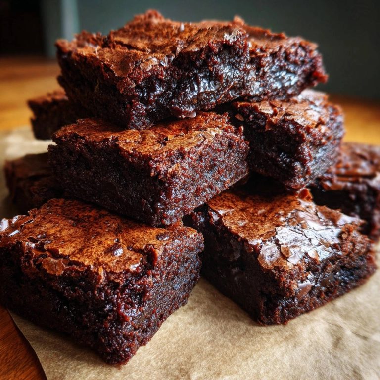 Saftige Fudgy Brownies mit einer glänzenden, rissigen Oberfläche, gestapelt und nah aufgenommen.
