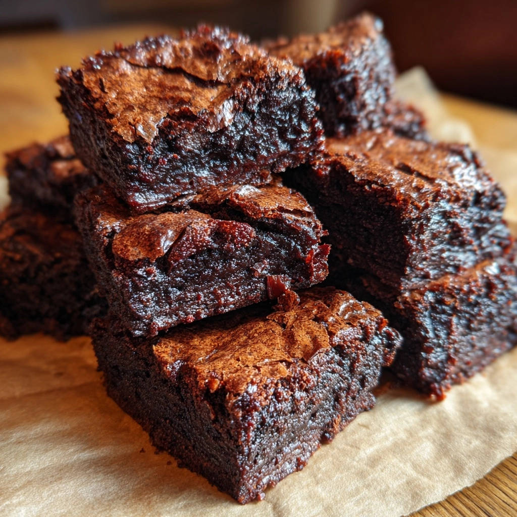 Saftige Fudgy Brownies als Stapel mit einem angeschnittenen Brownie, der die dichte Textur zeigt.