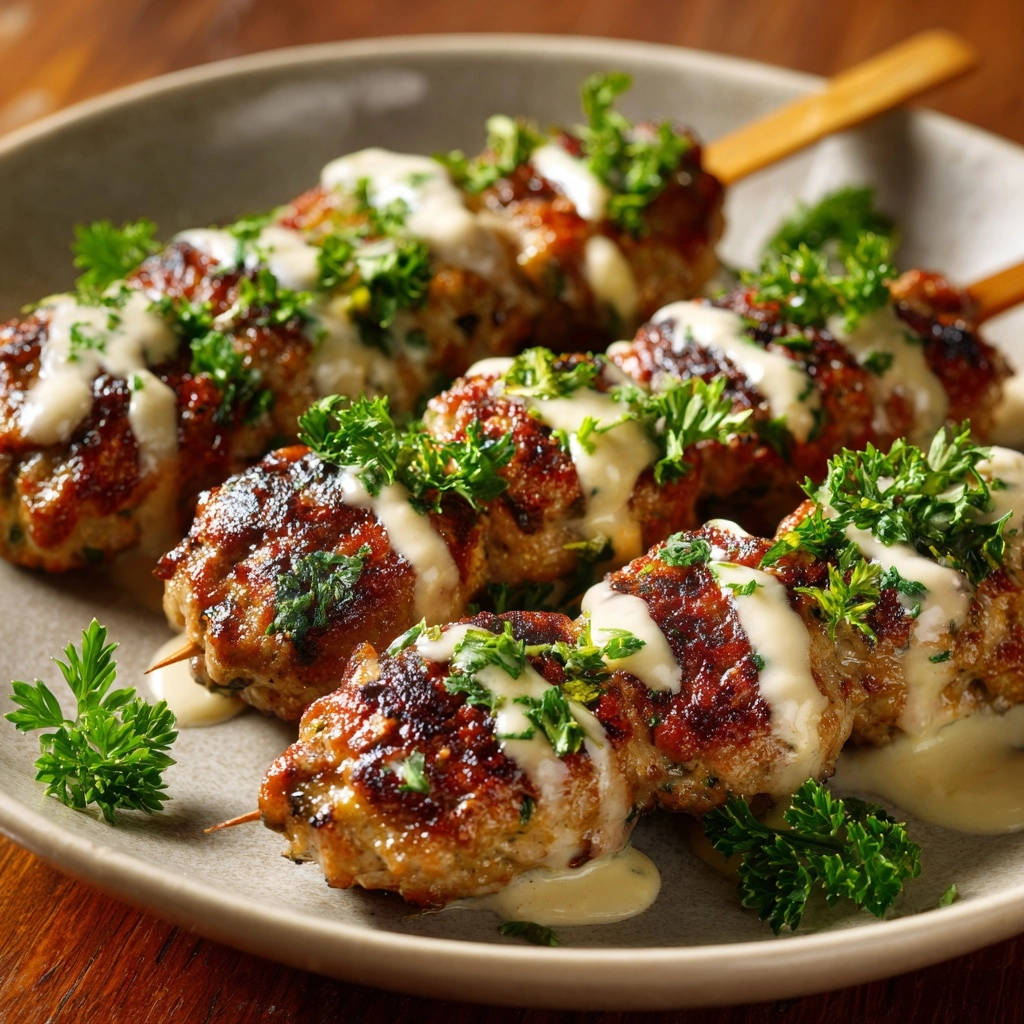 Saftige Hackfleisch-Spieße mit Kräuter-Joghurt, detailreich garniert mit frischer Petersilie und cremiger Sauce.